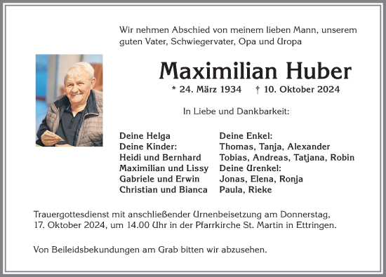 Traueranzeige von Maximilian Huber von Mindelheimer Zeitung