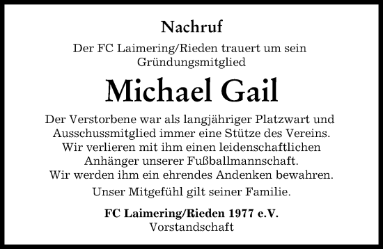 Traueranzeige von Michael Gail von Friedberger Allgemeine