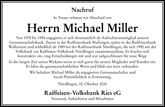 Traueranzeige von Michael Miller von Rieser Nachrichten