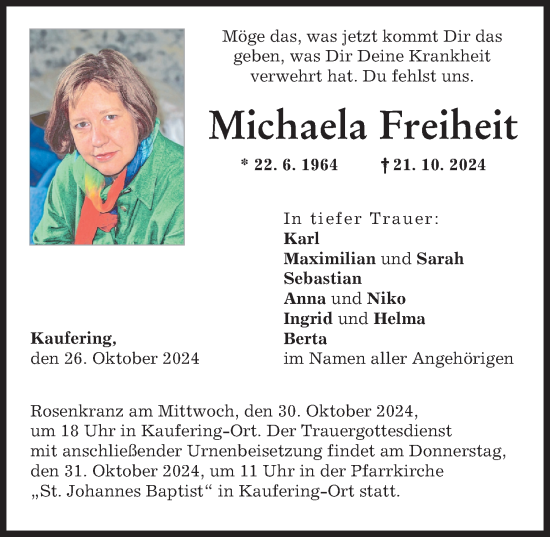 Traueranzeige von Michaela Freiheit von Landsberger Tagblatt