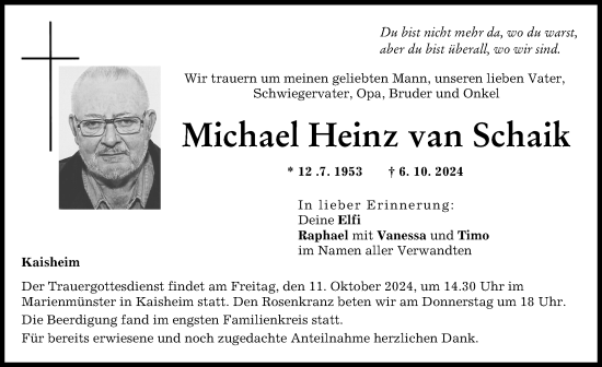 Traueranzeige von Michael Heinz van Schaik von Donauwörther Zeitung