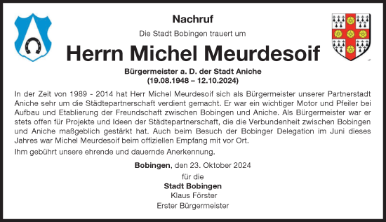 Traueranzeige von Michel Meurdesoif von Schwabmünchner Allgemeine