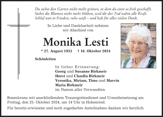 Traueranzeige von Monika Lesti von Aichacher Nachrichten