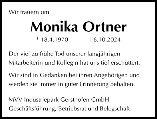Traueranzeige von Monika Ortner von Augsburger Allgemeine