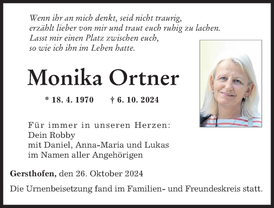 Traueranzeige von Monika Ortner von Augsburger Allgemeine