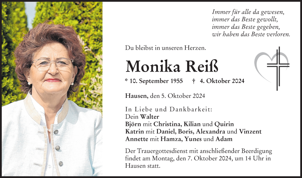  Traueranzeige für Monika Reiß vom 05.10.2024 aus Donau Zeitung