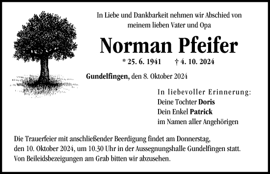 Traueranzeige von Norman Pfeifer von Donau Zeitung
