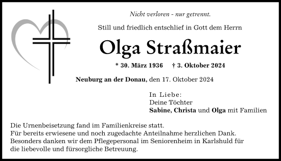 Traueranzeige von Olga Straßmaier von Neuburger Rundschau