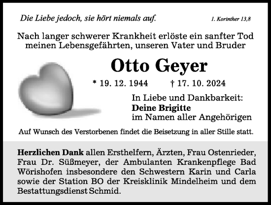 Traueranzeige von Otto Geyer von Mindelheimer Zeitung