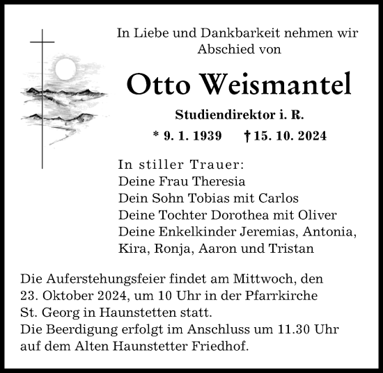 Traueranzeige von Otto Weismantel von Augsburger Allgemeine