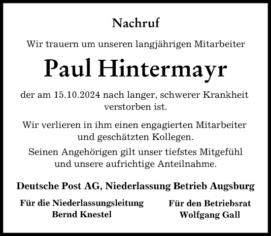 Traueranzeige von Paul Hintermayr von Donauwörther Zeitung, Augsburg-Land