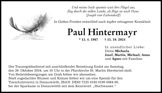 Traueranzeige von Paul Hintermayr von Augsburg-Land