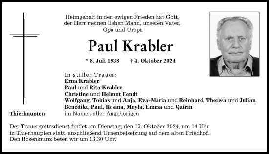 Traueranzeige von Paul Krabler von Augsburg-Land