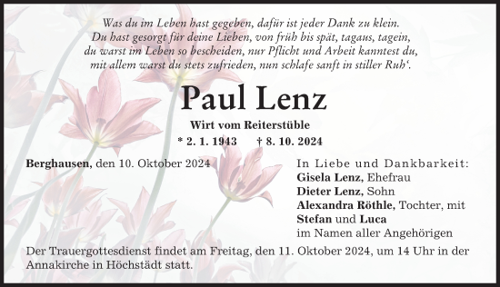 Traueranzeige von Paul Lenz von Donau Zeitung