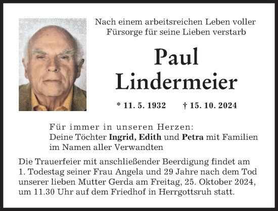 Traueranzeige von Paul Lindermeier von Friedberger Allgemeine