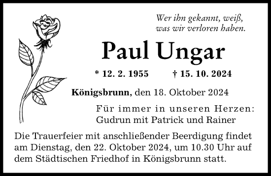 Traueranzeige von Paul Ungar von Augsburger Allgemeine