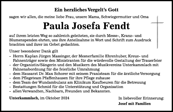 Traueranzeige von Paula Fendt von Mindelheimer Zeitung