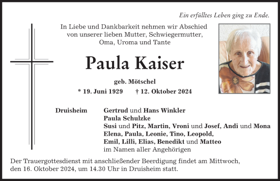 Traueranzeige von Paula Kaiser von Augsburg-Land, Donauwörther Zeitung