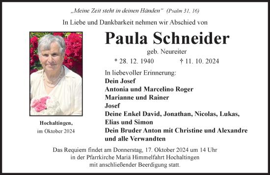 Traueranzeige von Paula Schneider von Rieser Nachrichten