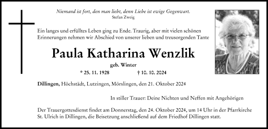 Traueranzeige von Paula Katharina Wenzlik von Donau Zeitung