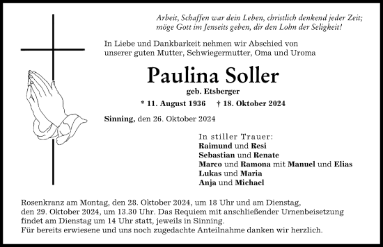 Traueranzeige von Paulina Soller von Neuburger Rundschau