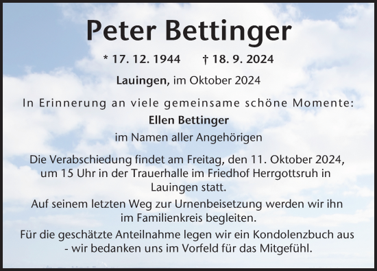 Traueranzeige von Peter Bettinger von Donau Zeitung