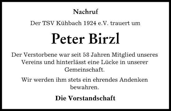 Traueranzeige von Peter Birzl von Aichacher Nachrichten