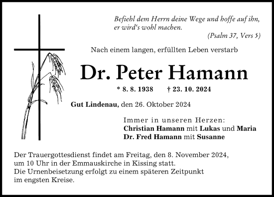 Traueranzeige von Peter Hamann von Friedberger Allgemeine