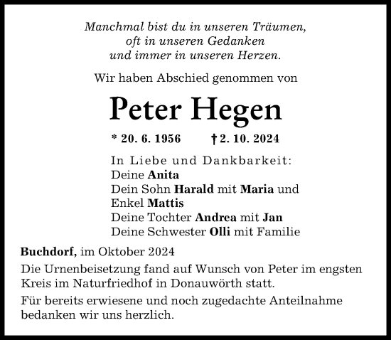 Traueranzeige von Peter Hegen von Donauwörther Zeitung