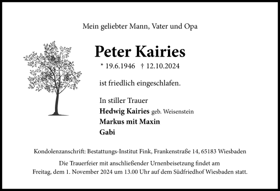 Traueranzeige von Peter Kairies von Günzburger Zeitung