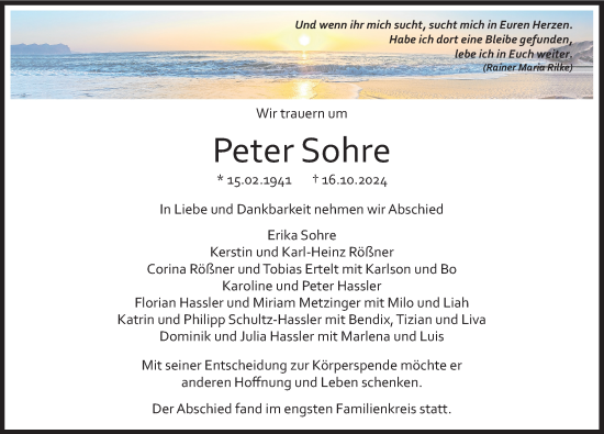 Traueranzeige von Peter Sohre von Neu-Ulmer Zeitung