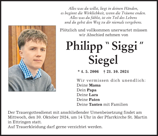 Traueranzeige von Philipp Siegel von Mindelheimer Zeitung