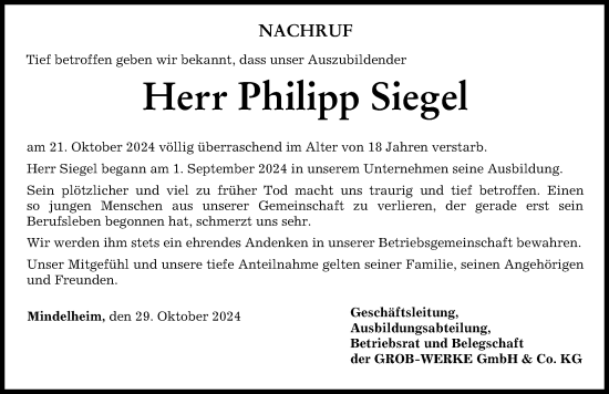 Traueranzeige von Philipp Siegel von Mindelheimer Zeitung