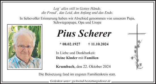 Traueranzeige von Pius Scherer von Mittelschwäbische Nachrichten