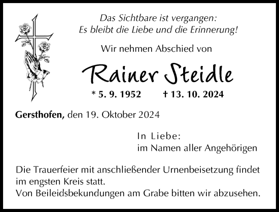 Traueranzeige von Rainer Steidle von Augsburger Allgemeine