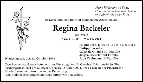 Traueranzeige von Regina Backeler von Neu-Ulmer Zeitung