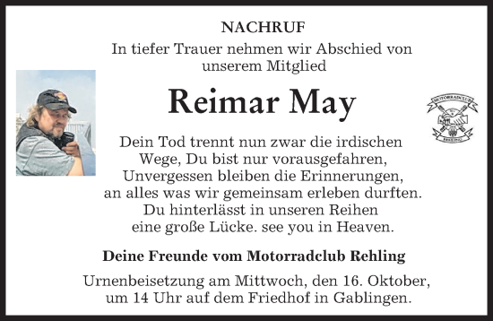 Traueranzeige von Reimar May von Aichacher Nachrichten