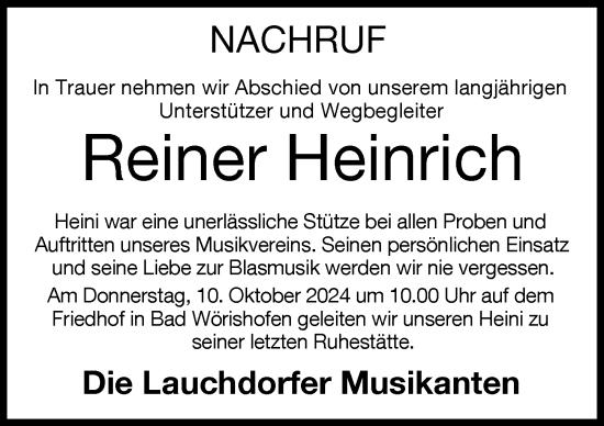 Traueranzeige von Reiner Heinrich von Mindelheimer Zeitung