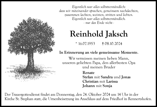 Traueranzeige von Reinhold Jaksch von Illertisser Zeitung