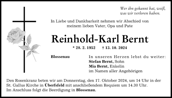 Traueranzeige von Reinhold-Karl Bernt von Donauwörther Zeitung