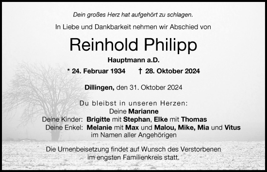 Traueranzeige von Reinhold Philipp von Donau Zeitung