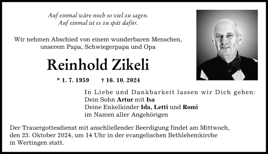 Traueranzeige von Reinhold Zikeli von Wertinger Zeitung