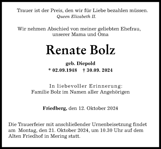 Traueranzeige von Renate Bolz von Friedberger Allgemeine, Augsburger Allgemeine