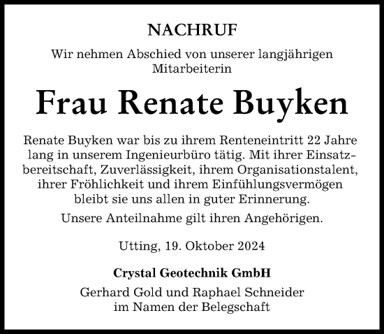 Traueranzeige von Renate Buyken von Landsberger Tagblatt