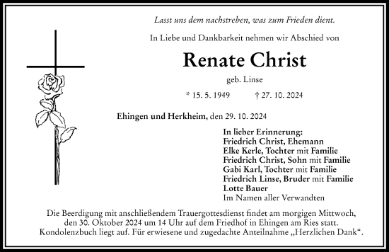 Traueranzeige von Renate Christ von Rieser Nachrichten