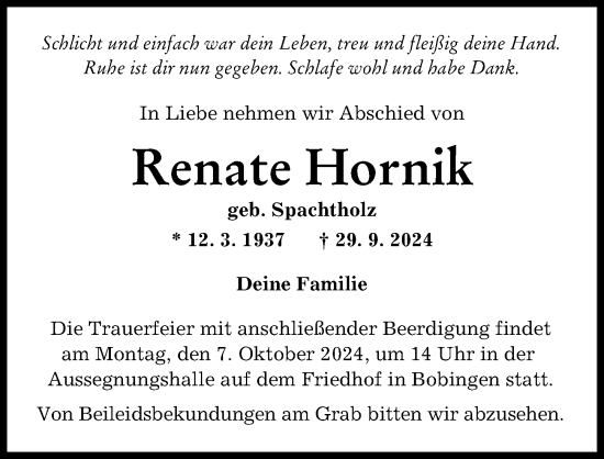 Traueranzeige von Renate Hornik von Schwabmünchner Allgemeine
