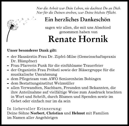 Traueranzeige von Renate Hornik von Schwabmünchner Allgemeine