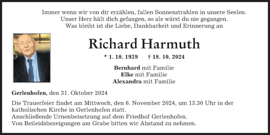 Traueranzeige von Richard Harmuth von Neu-Ulmer Zeitung