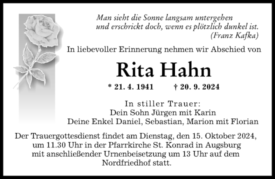 Traueranzeige von Rita Hahn von Augsburger Allgemeine