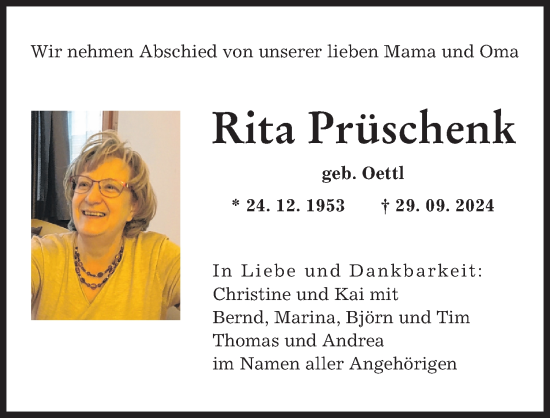 Traueranzeige von Rita Prüschenk von Mindelheimer Zeitung